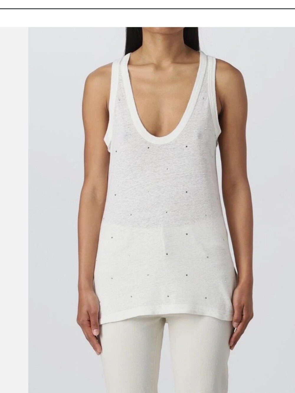 Zadig & Voltaire White Samy AO Dots Strass Linen Scoop Neck Tank Sz M